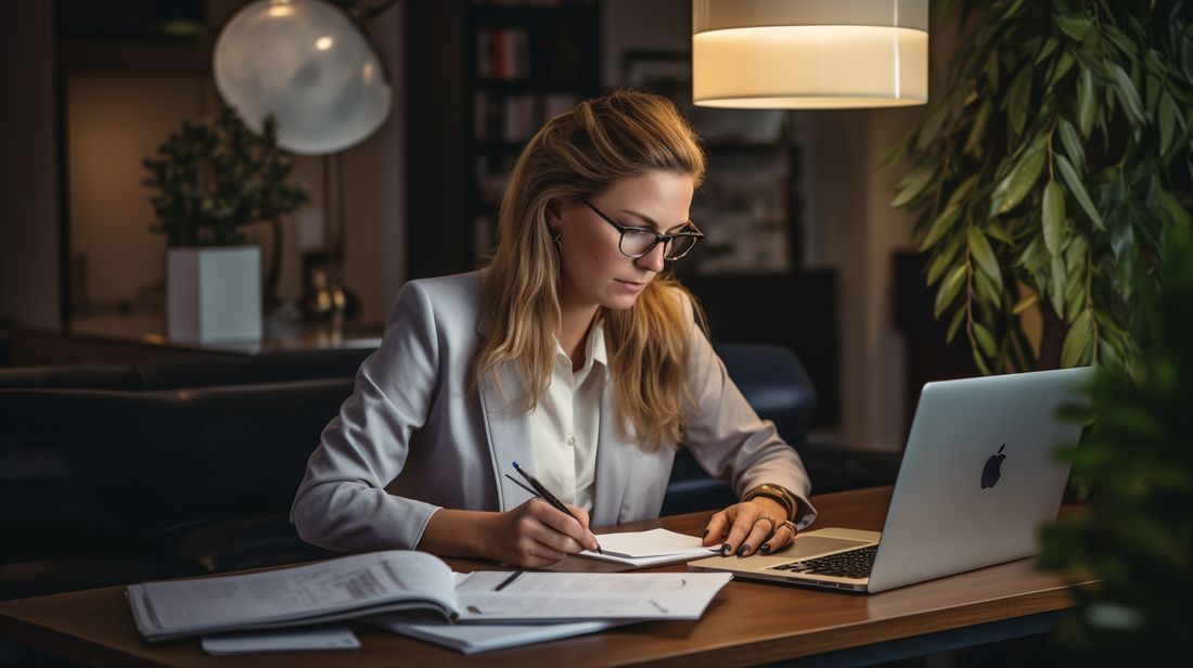 A professional wedding planner in a modern office, reviewing paperwork and client contracts while sitting at a desk with a laptop, calendar, and planning tools