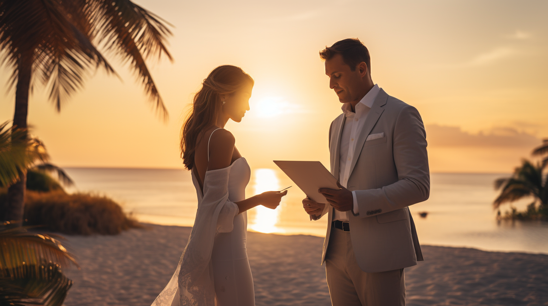 A wedding planner in a suit with a checklist looking at their watch while standing on a tropical beach with a bride and groom walking barefoot in the distance down the beach holding hands at sunset. The image is realistic and finely detailed.
