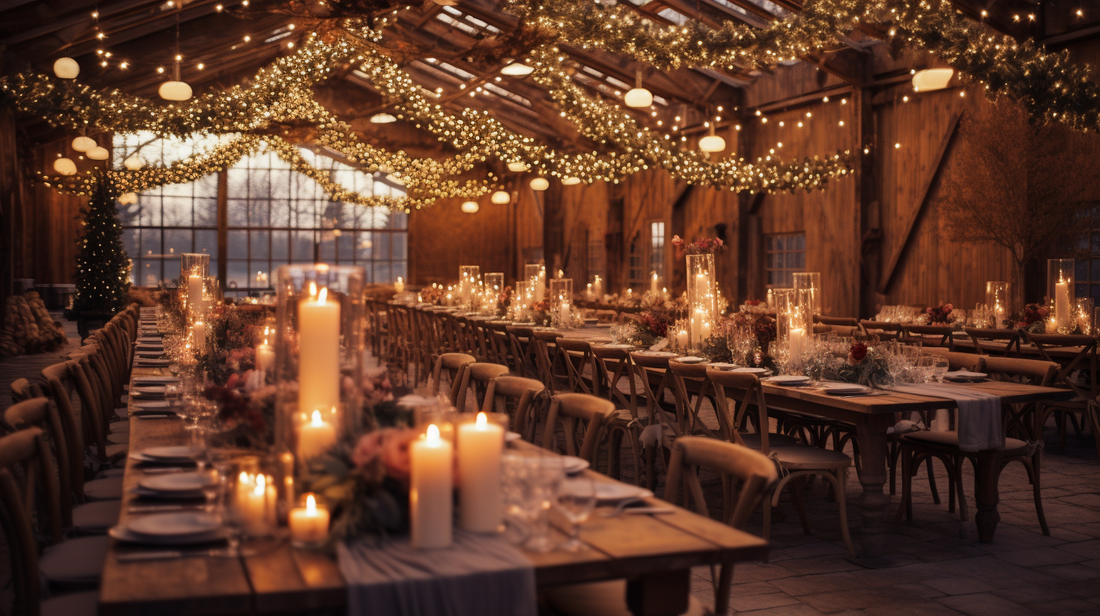 A romantic winter wedding reception with string lights, candles, and evergreens on the tables. Soft lighting, in a barn venue.