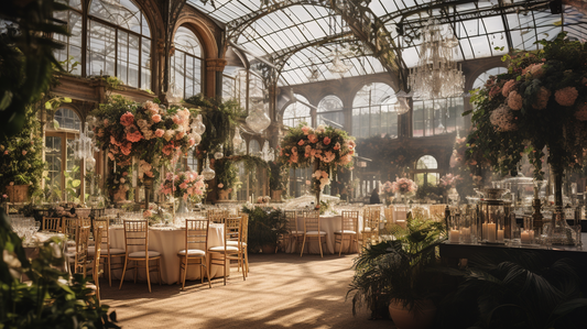 A panoramic shot of a beautifully decorated wedding venue, with vendors setting up various aspects of the event.