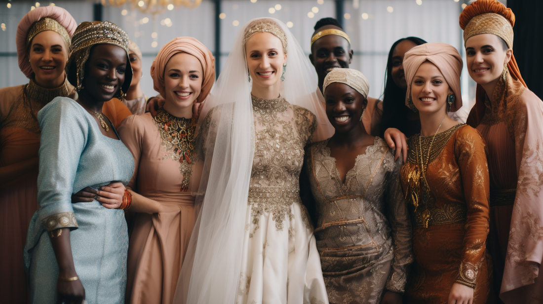 Beautiful tableau of a multi-cultural wedding with brides in traditional attires from around the world standing together smiling.