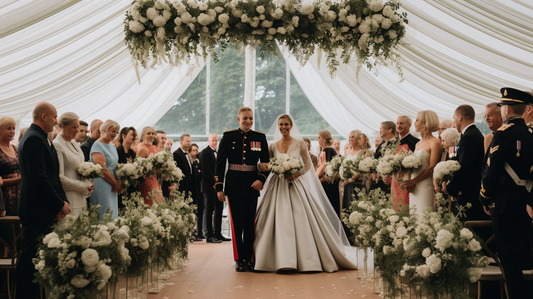 Elegant UK military wedding ceremony with an arch of swords, uniformed British armed forces members in attendance smiling and celebrating.