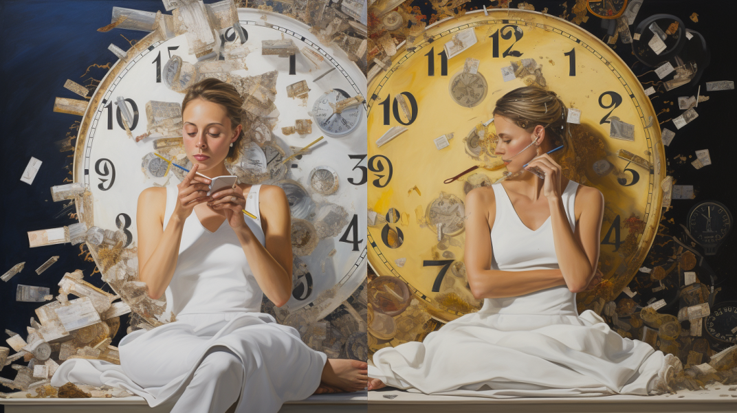 half-and-half image of a stressed-out bride with a ticking clock (short planning) and a relaxed bride with a well-organised calendar (long planning).