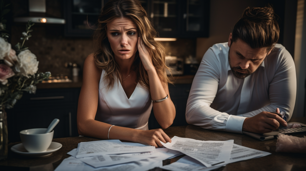 Photo of a stressed bride looking at wedding invoices and budgets, with her wedding planner calmly assisting her