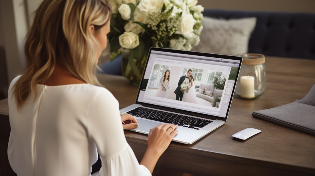 A professional wedding planner reviewing paperwork and calendars while having a video call consultation with a bride on her laptop, realistic photo