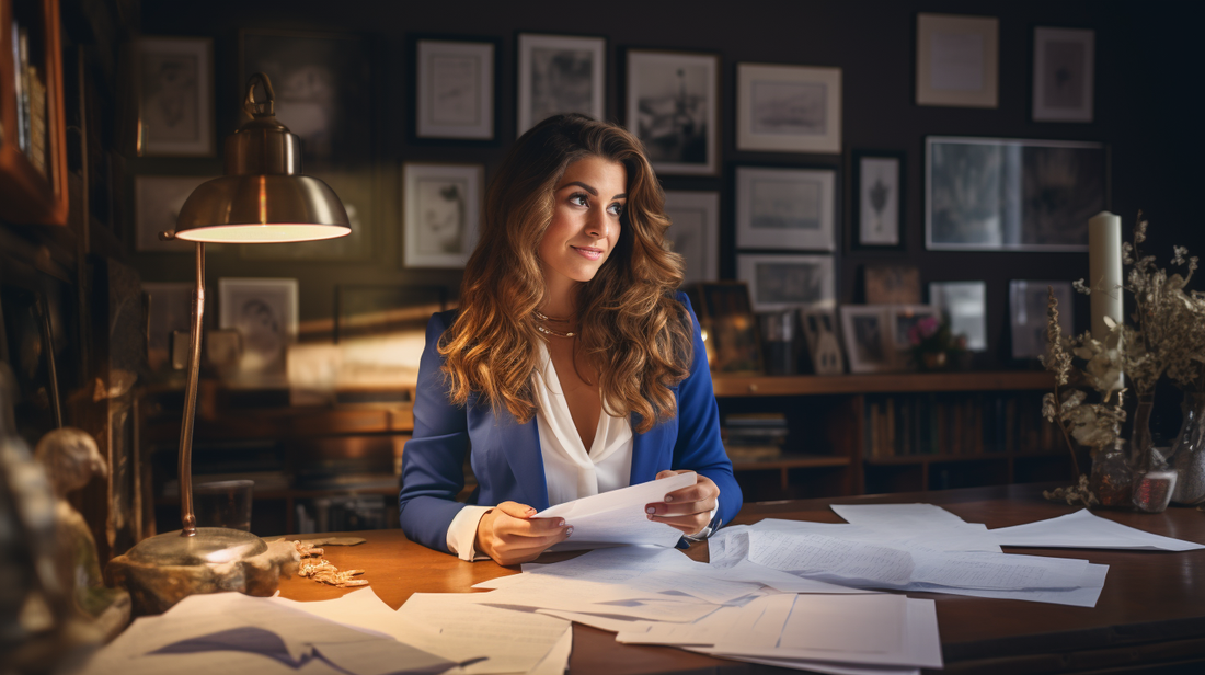 A professional wedding planner in an office reviewing paperwork, with diplomas and certificates on the wall behind them, realistic photo