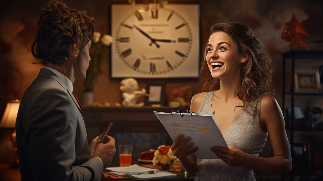 A photo of a stressed bride talking to a smiling female wedding planner holding a clipboard and calendar, with money and clock icons floating around them. The image is realistic and finely detailed.