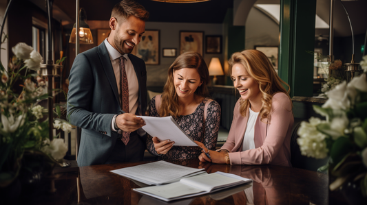 A happy britsh bride and groom discussing wedding plans with a female planner in a UK venue. The planner is showing them a checklist. A table displays venue layout options. The image is realistic and highly detailed.