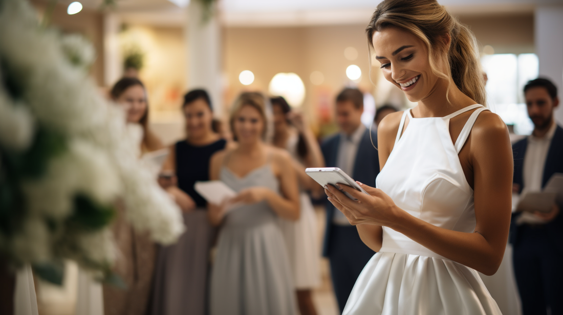 A happy bride looking at her phone while a female wedding coordinator holds a checklist and points things out on the phone with couples and vendors in the background at a venue. 