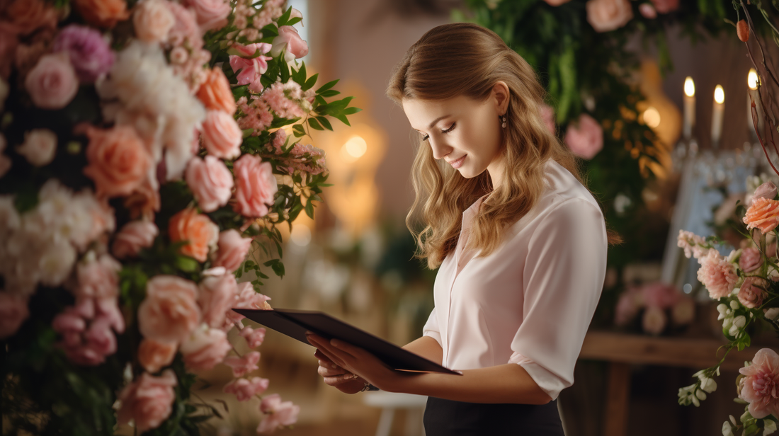 A wedding coordinator looking at a wedding checklist on a clipboard, surrounded by flowers and other wedding decorations.