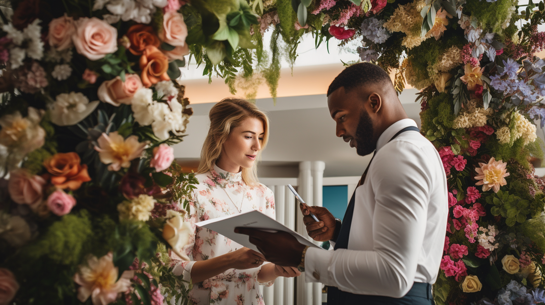 A bride and groom standing under a floral wedding arch, talking to a wedding coordinator holding a clipboard and gesturing at venue decorations.