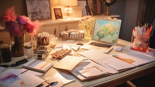 A meticulously arranged wedding planner's desk in London, with colour swatches, a UK map, bridal magazines, and a calendar marked with different wedding dates, all under warm, inviting lighting.