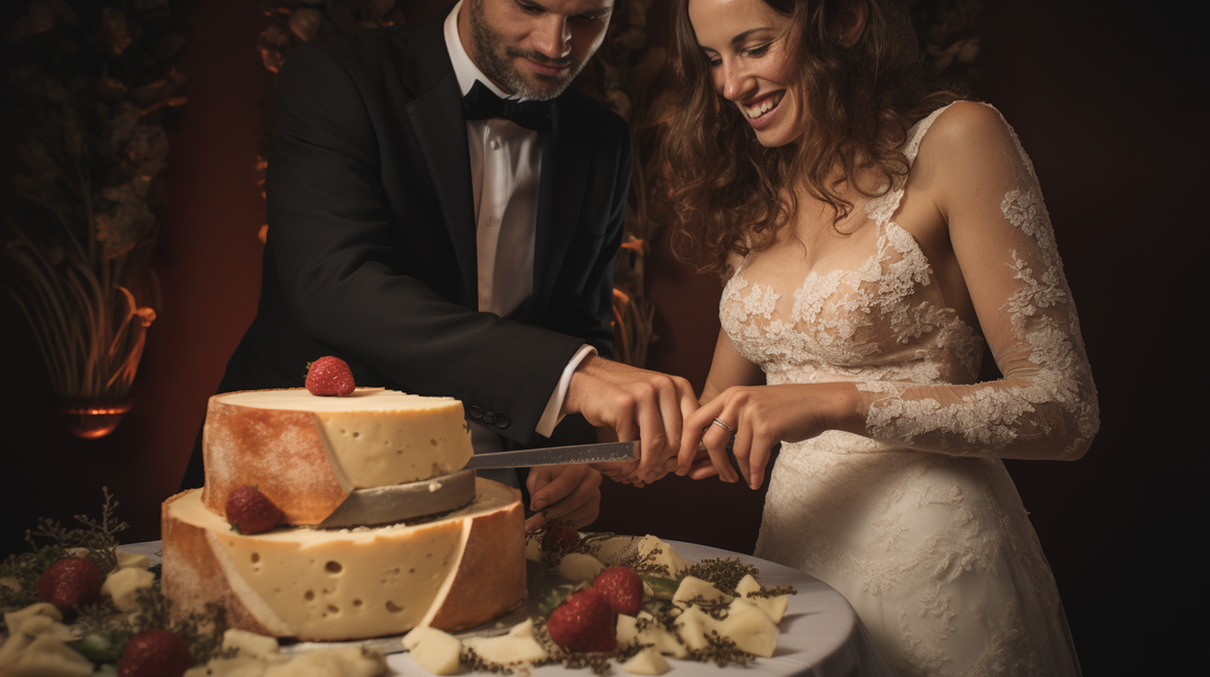 A photo of a bride and groom cutting into a detailed cheese wedding cake