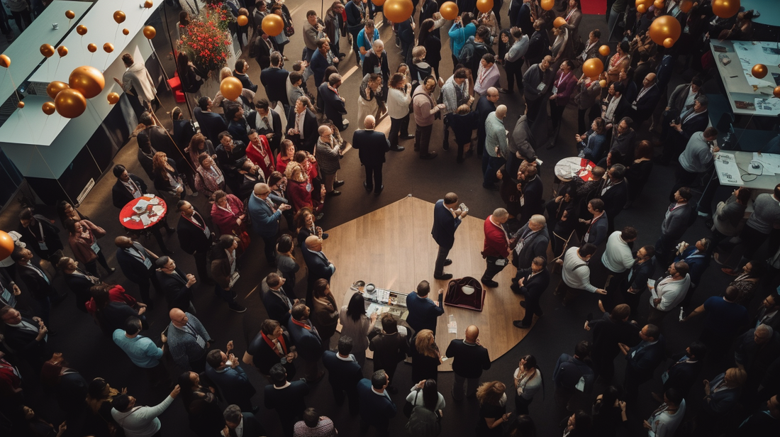 An overhead photo of a crowded event or conference