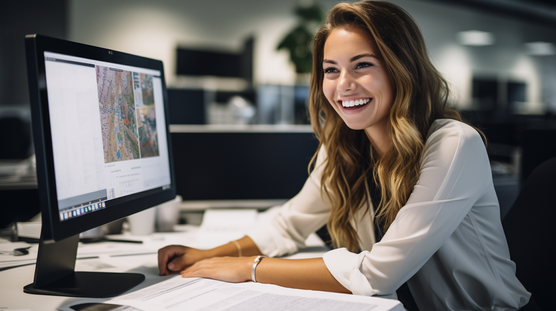 A photo of a smiling female event planner working at a desk and looking at a computer screen with event plans.