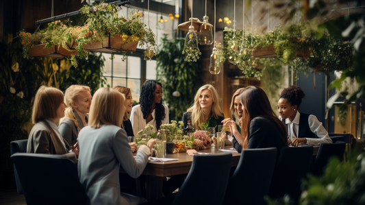 A photo of a diverse group of happy event planners working together at a modern venue in the UK, with tables, chairs, flowers, and decorations set up for an event.