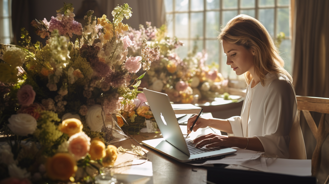 realist photo of a happy wedding planner working at a desk in a sunlight office, planning details for an upcoming wedding on a laptop in the UK.