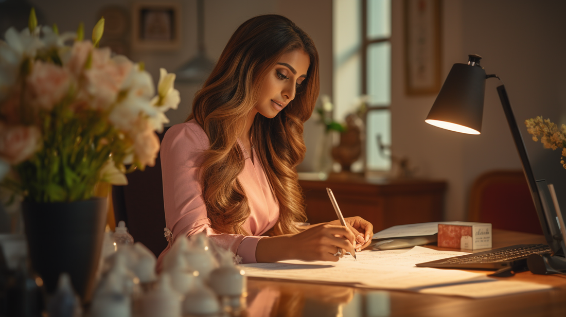 Female wedding planner in the UK working at a desk with financial notes, calculator, laptop, and calendar, managing finances of her wedding planning business.