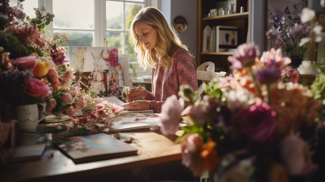 Photo of a former female UK wedding planner looking back fondly while surrounded by images of wedding flowers, cakes, dresses, and other elements that reflect the vibrant wedding industry.