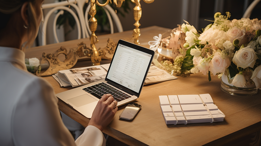 A wedding planner in the United Kingdom working on a laptop, smartphone, and calendar, planning a wedding.