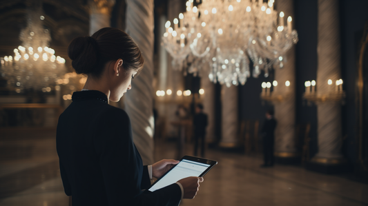 A wedding planner reviewing a detailed checklist and schedule on a clipboard at an elegant wedding venue reception hall with chandeliers.