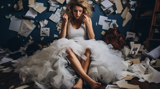A stressed bride with messy hair sits surrounded by chaotic unfinished DIY wedding projects and crumpled papers. A professional wedding planner in a suit enters and the bride's face fills with relief, representing the value of hiring an expert planner.