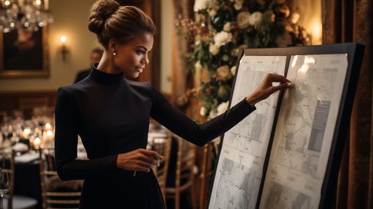 An elegant, professional British wedding planner pointing at a chic wedding table plan, surrounded by a tasteful display of UK-themed wedding elements