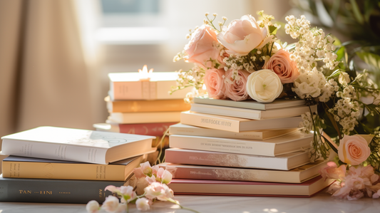 A stack of beautifully designed wedding planning books on a table next to floral arrangements, with soft natural lighting and wedding elements like invitations artistically arranged in the background.