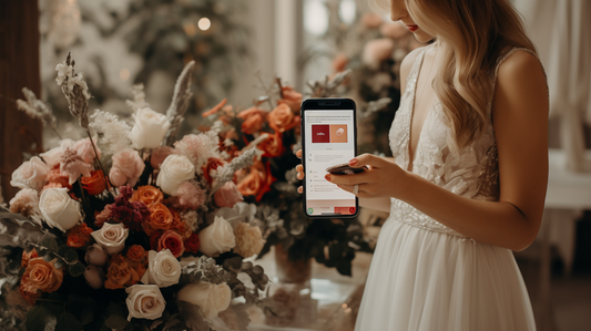 A smiling bride in a white dress holds up her phone, which shows a stylish wedding planning app dashboard. Her phone is surrounded by other wedding elements like flowers, rings, and invitations, representing wedding organisation technology. 