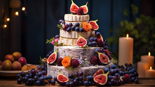 Beautiful towering cheese wedding cake with brie and blue cheese rounds arranged in a heart shape pattern, decorated with edible flowers and fruits in natural colors, soft romantic lighting, carefully styled and arranged.