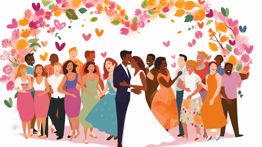 A vibrant and joyful illustration of a couple getting married, surrounded by friends and family.
