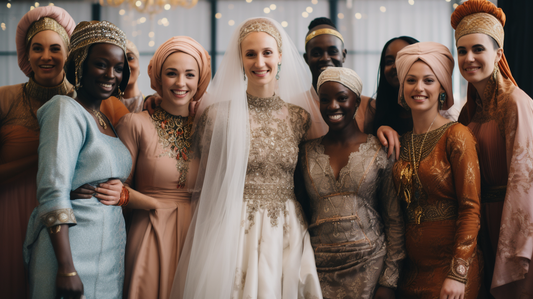 Beautiful tableau of a multi-cultural wedding with brides in traditional attires from around the world standing together smiling.