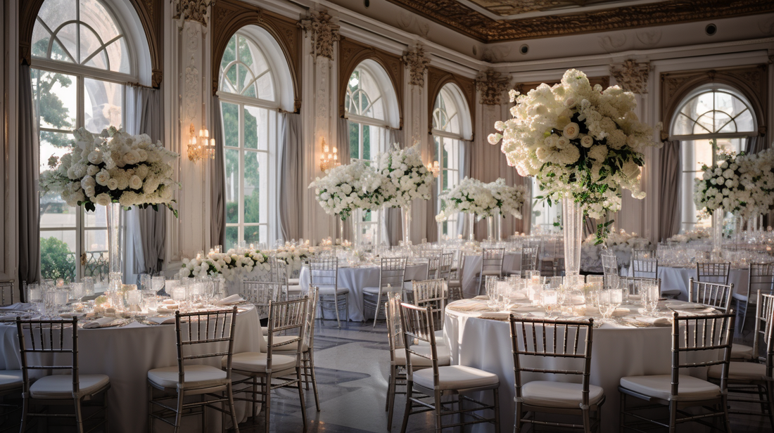 Elegant ballroom with long tables decorated for a beautiful, grand wedding reception.