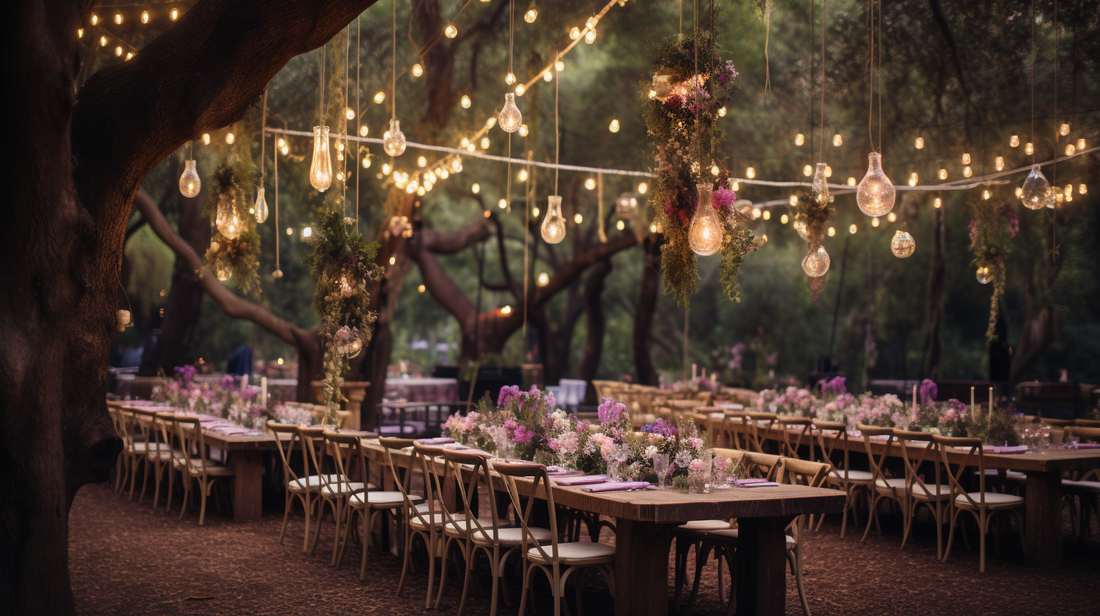 Beautiful, magical themed wedding in an enchanted forest setting with trees, flowers, wood tables, fairy lights.