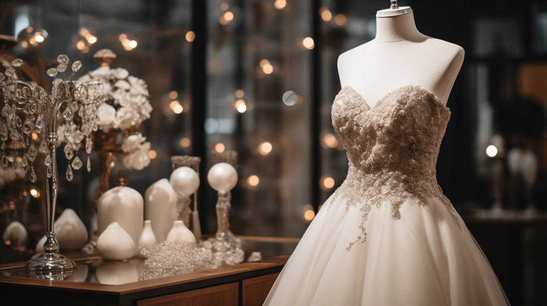 Elegant wedding dress on mannequins surrounded by sparkling jewellery and accessories.