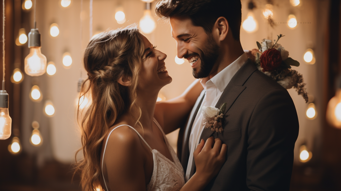 Bride and groom smiling, embracing and looking lovingly at each other in front of a decorative, intimate wedding backdrop with string lights and flower arrangements.