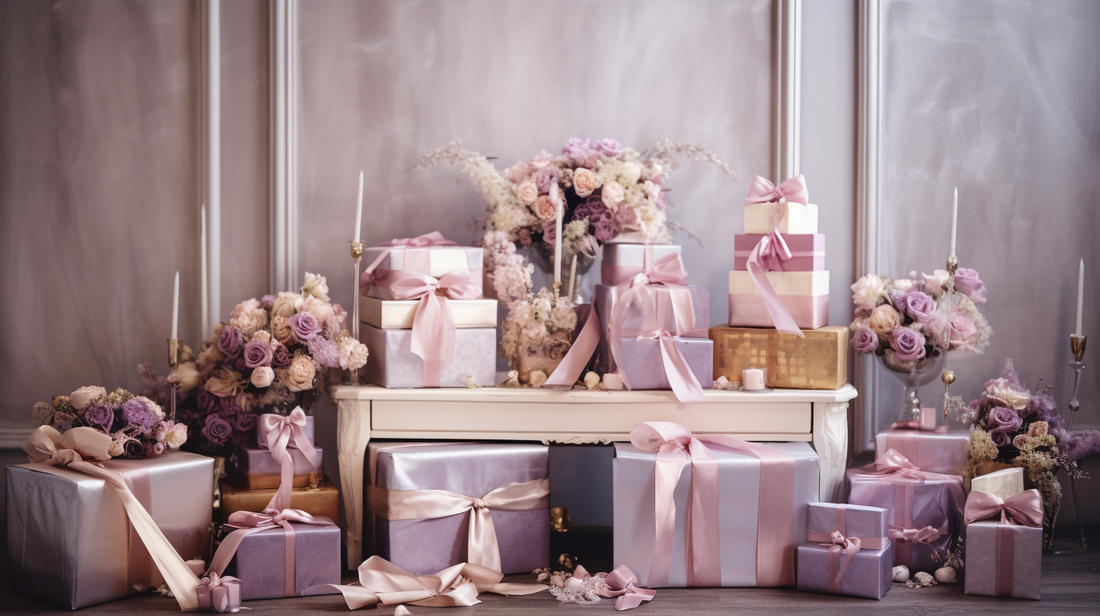 Ornate table display of wedding gifts and gift boxes beautifully arranged and tied with bows and ribbons.