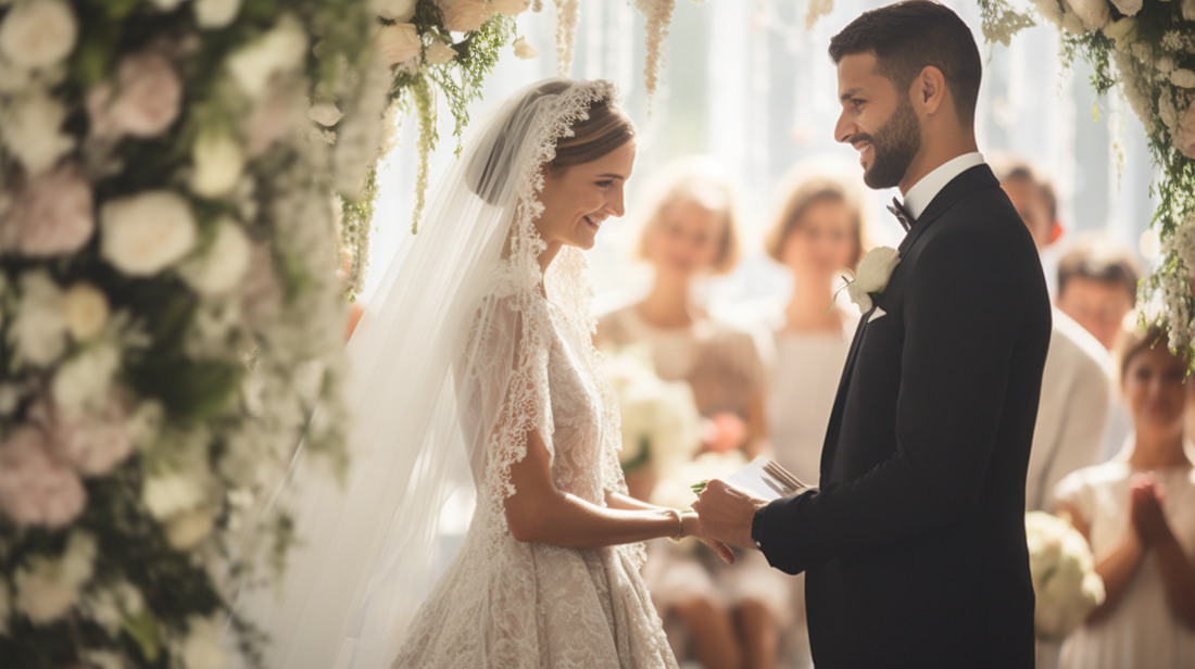 Beautiful interfaith wedding ceremony with smiling bride and groom under a floral wedding archway and mixed religious symbols in the background.