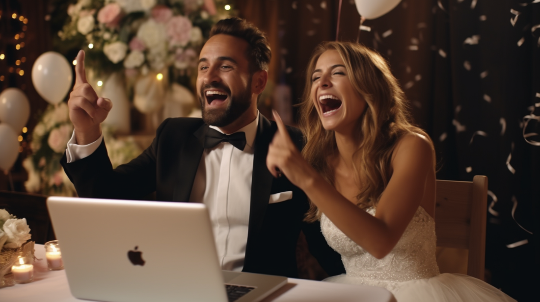 Smiling bride and groom waving at laptop screen surrounded by wedding decorations and champagne glasses celebrating virtual wedding.