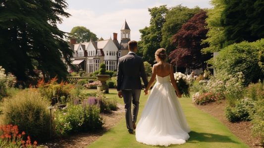 Bride and groom holding hands, smiling, walking through beautiful UK garden in front of elegant mansion outdoor wedding venue.