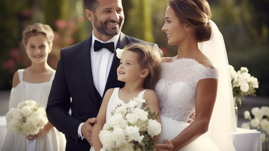 Beautiful, elegant second wedding ceremony setting with smiling bride, groom and children incorporated into the celebration.