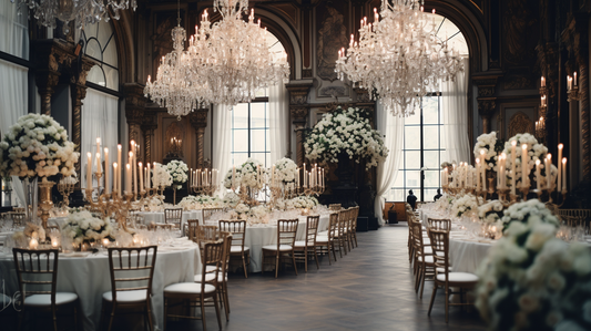 Ornate ballroom reception decorated for a classic elegant formal wedding with crystal chandeliers, candles, flowers and white tablecloths.