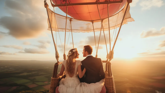 Bride and groom in the UK in a hot air balloon flying over the countryside.