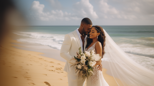 Bride and groom smiling, embracing on tropical beach destination wedding venue.